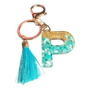 Initial “P” Resin Keychain with Tassel / Bag Charm Gold and Turquoise